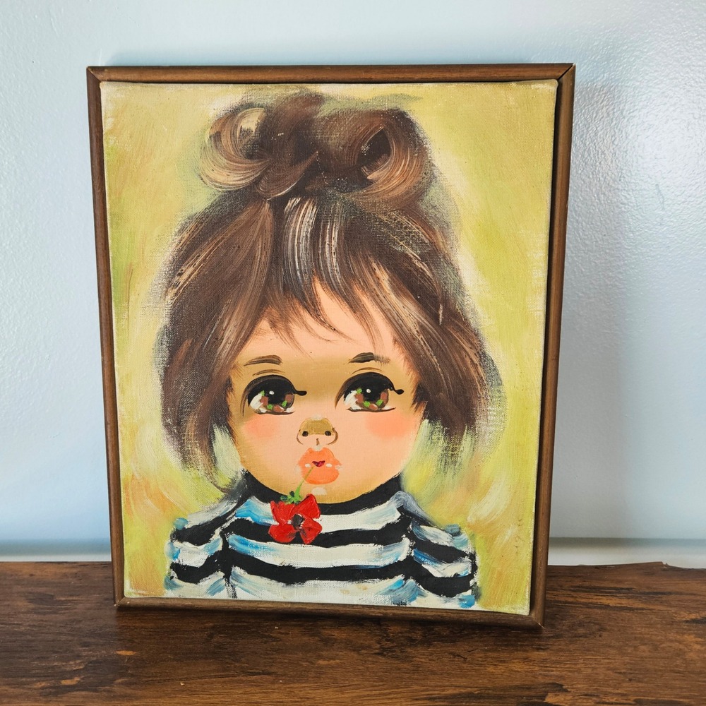 Vtg 1970s Big Eye Girl Oil Painting Framed Mid Century Kitsch Retro Art 9.5x11.5